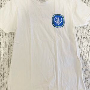 White Graphic Tee with Blue & Yellow Crest